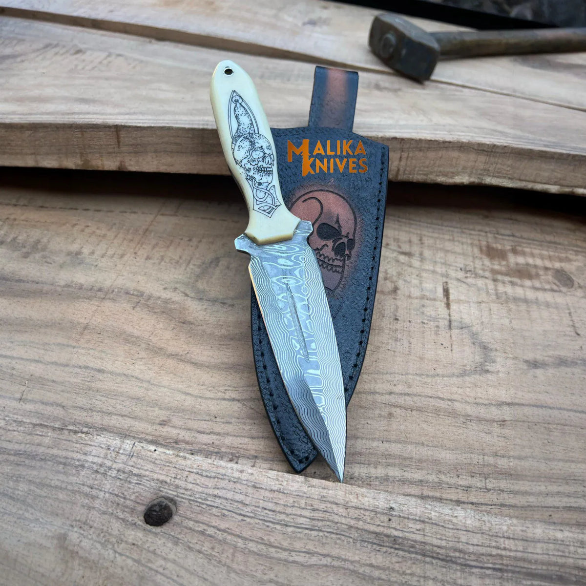 Custom Hunting Dagger Knife – Skull Engraved Camel Bone Handle