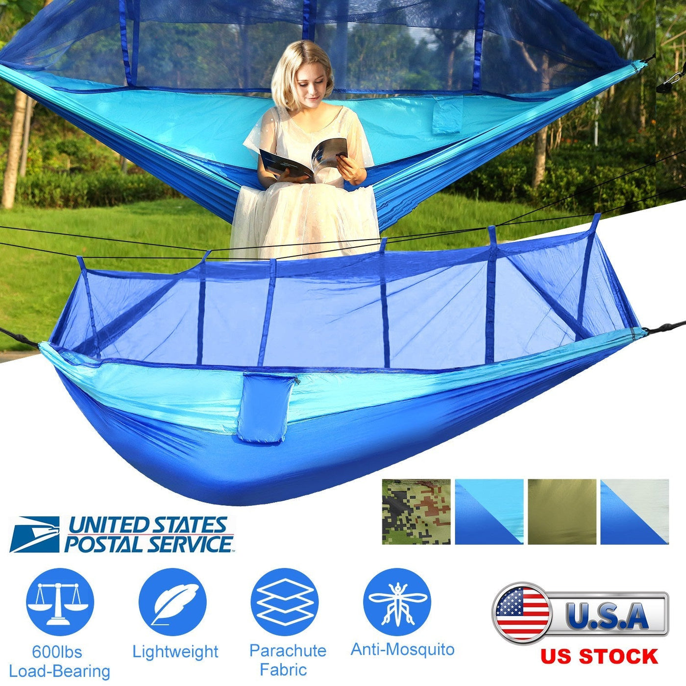 600lbs Load 2 Persons Hammock w/Mosquito Net Outdoor Hiking Camping Hammock Portable Nylon Swing Hanging Bed w/ Strap Hook Carry Bag