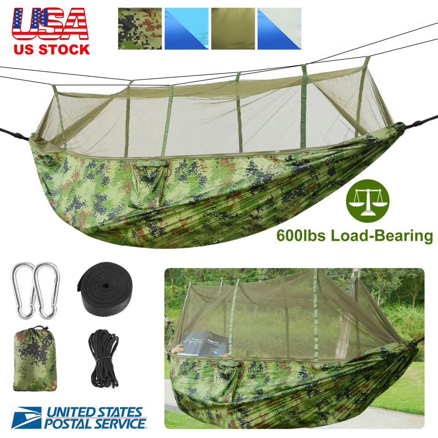 600lbs Load 2 Persons Hammock w/Mosquito Net Outdoor Hiking Camping Hammock Portable Nylon Swing Hanging Bed w/ Strap Hook Carry Bag