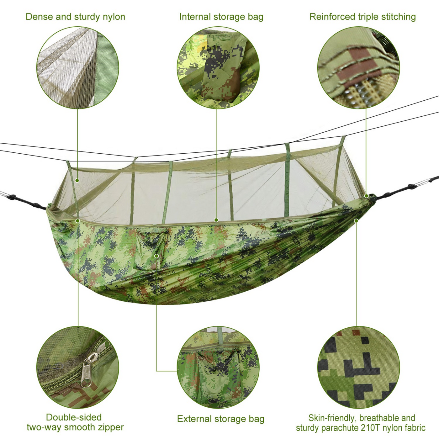 600lbs Load 2 Persons Hammock w/Mosquito Net Outdoor Hiking Camping Hammock Portable Nylon Swing Hanging Bed w/ Strap Hook Carry Bag