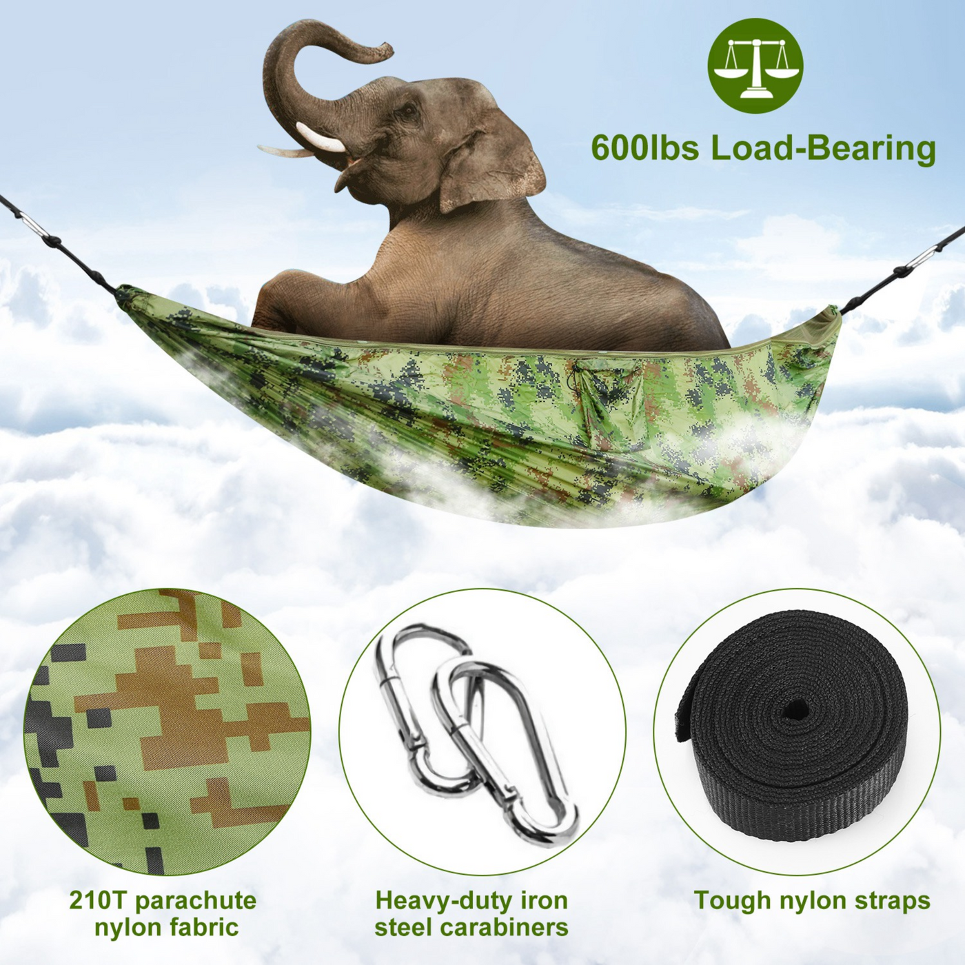 600lbs Load 2 Persons Hammock w/Mosquito Net Outdoor Hiking Camping Hammock Portable Nylon Swing Hanging Bed w/ Strap Hook Carry Bag