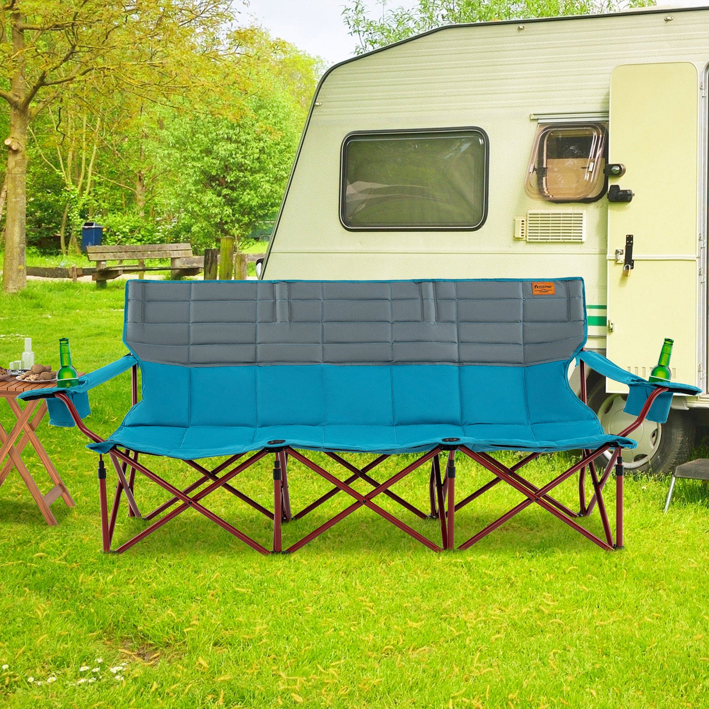 3 Person Folding Camping Chair with 2 Cup Holders Cotton Padding & Storage Bag