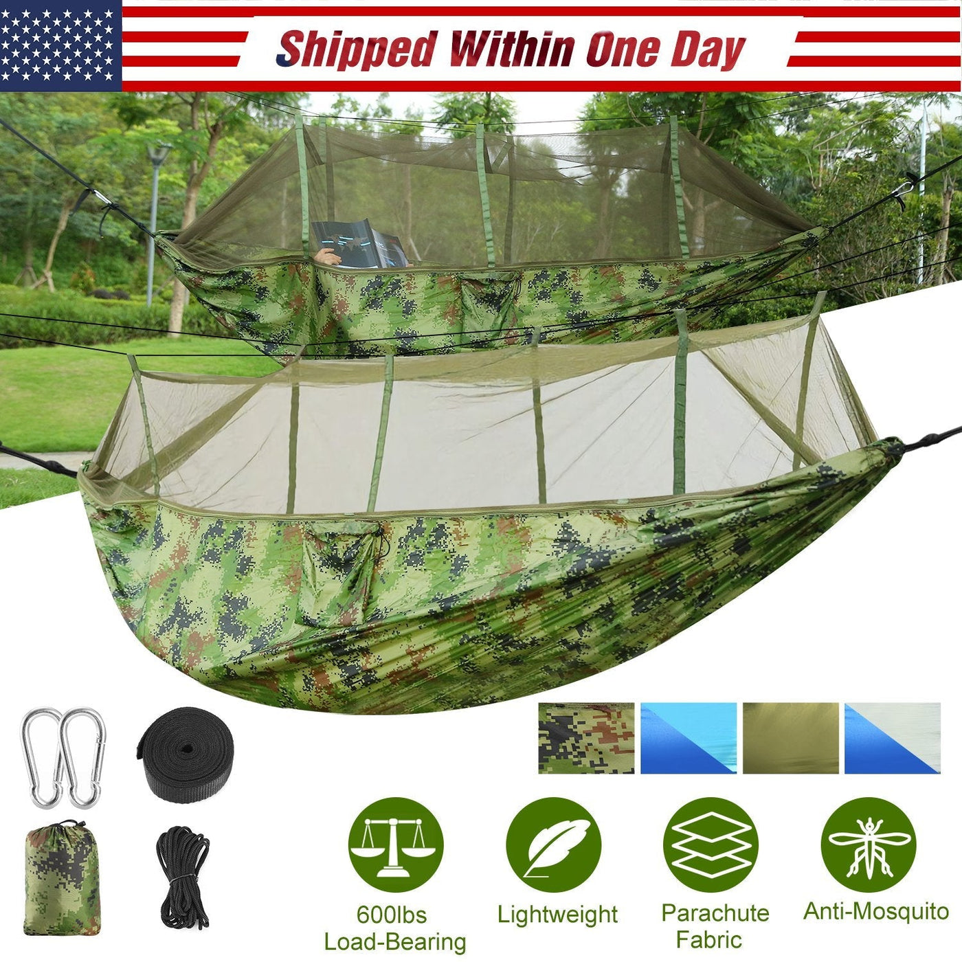 600lbs Load 2 Persons Hammock w/Mosquito Net Outdoor Hiking Camping Hammock Portable Nylon Swing Hanging Bed w/ Strap Hook Carry Bag