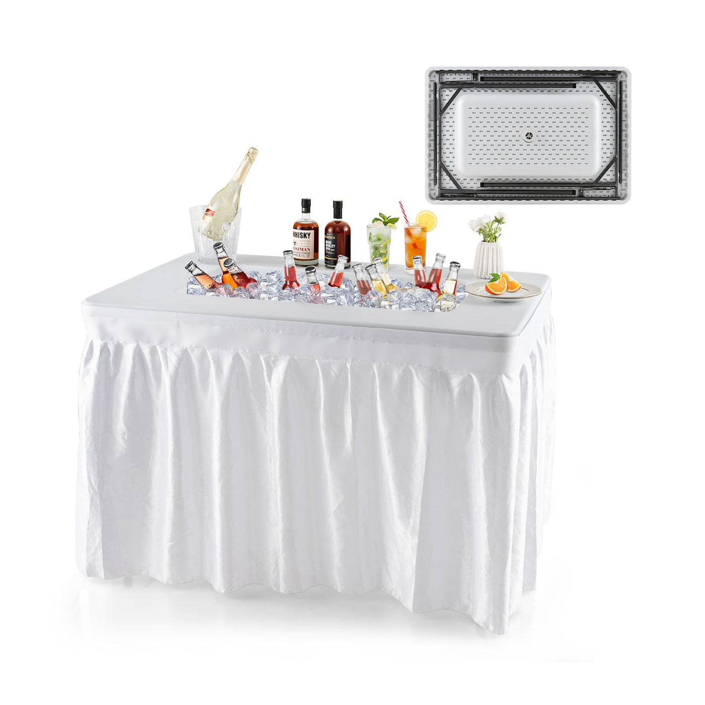4 Feet Folding Ice Bin Table with Skirt for Camping Picnic Wedding with Ice Bucket-White