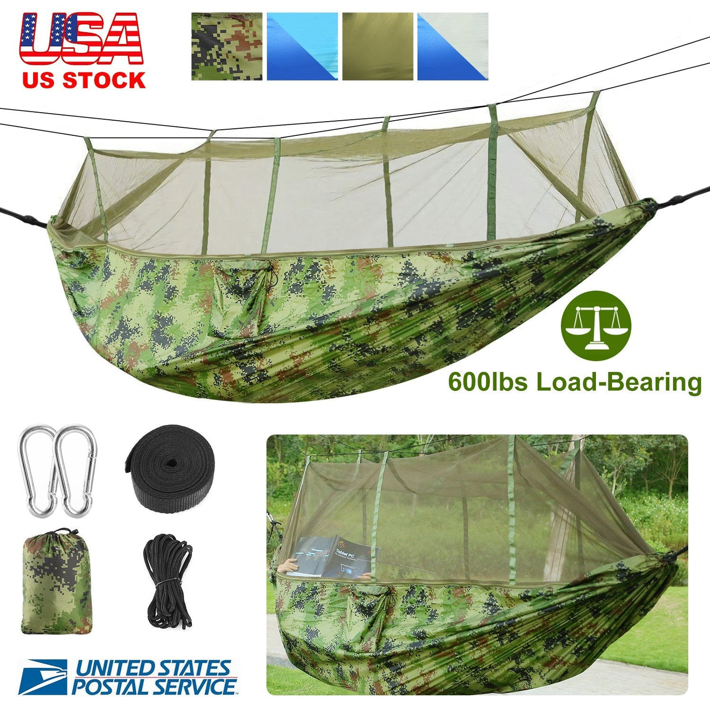 600lbs Load 2 Persons Hammock w/Mosquito Net Outdoor Hiking Camping Hammock Portable Nylon Swing Hanging Bed w/ Strap Hook Carry Bag