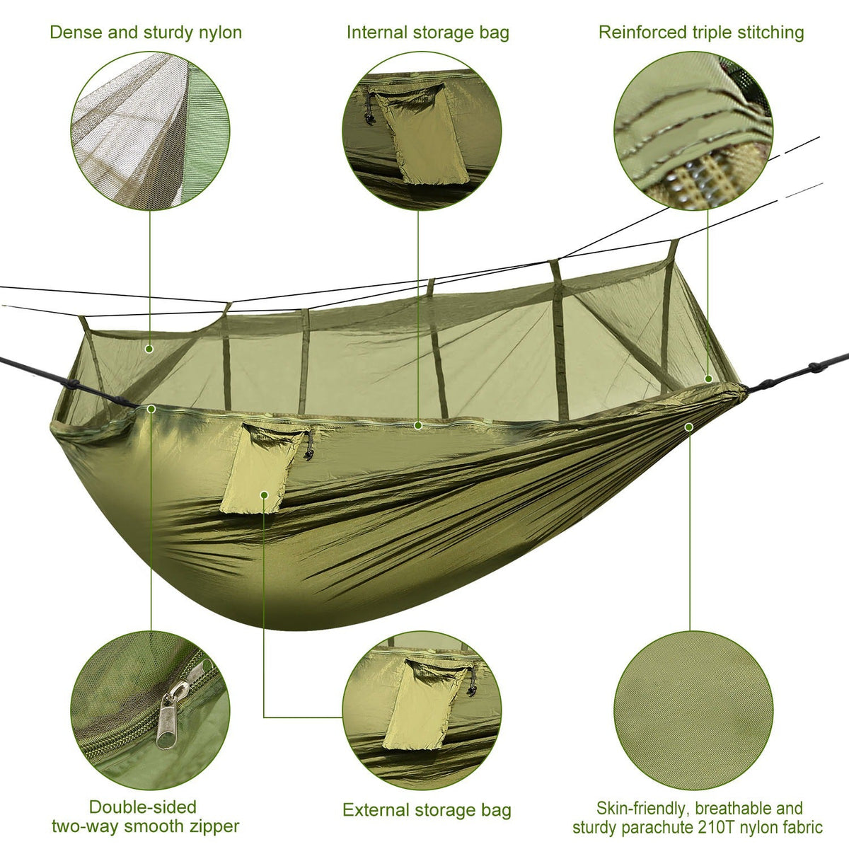 600lbs Load 2 Persons Hammock w/Mosquito Net Outdoor Hiking Camping Hommock Portable Nylon Swing Hanging Bed w/ Strap Hook Carry Bag