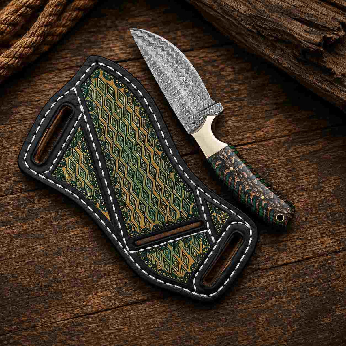 Green Pine Cone Damascus Steel Buckaroo Knife