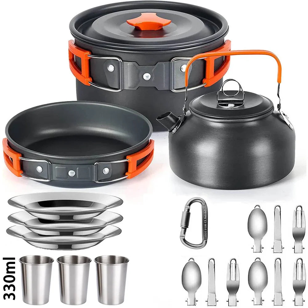 Complete Camping Kitchen Cookware Tableware & Teapot for 2-3