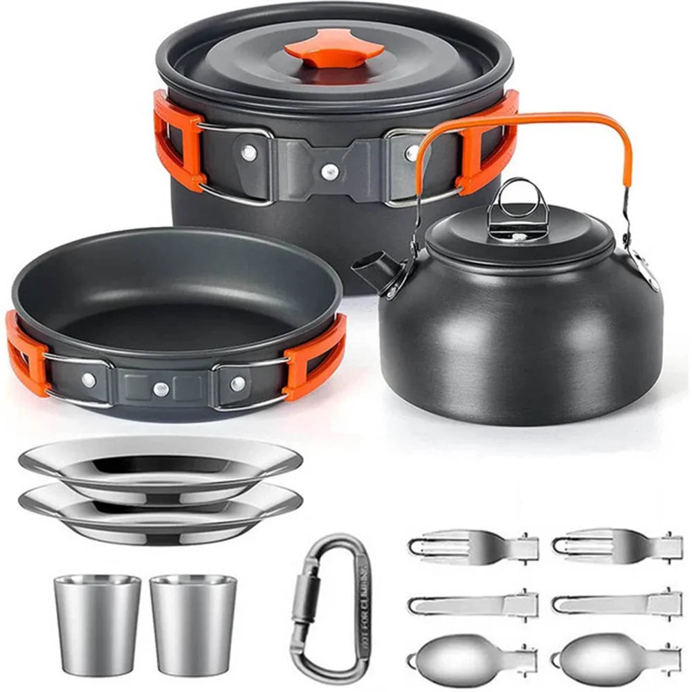 Complete Camping Kitchen Cookware Tableware & Teapot for 2-3