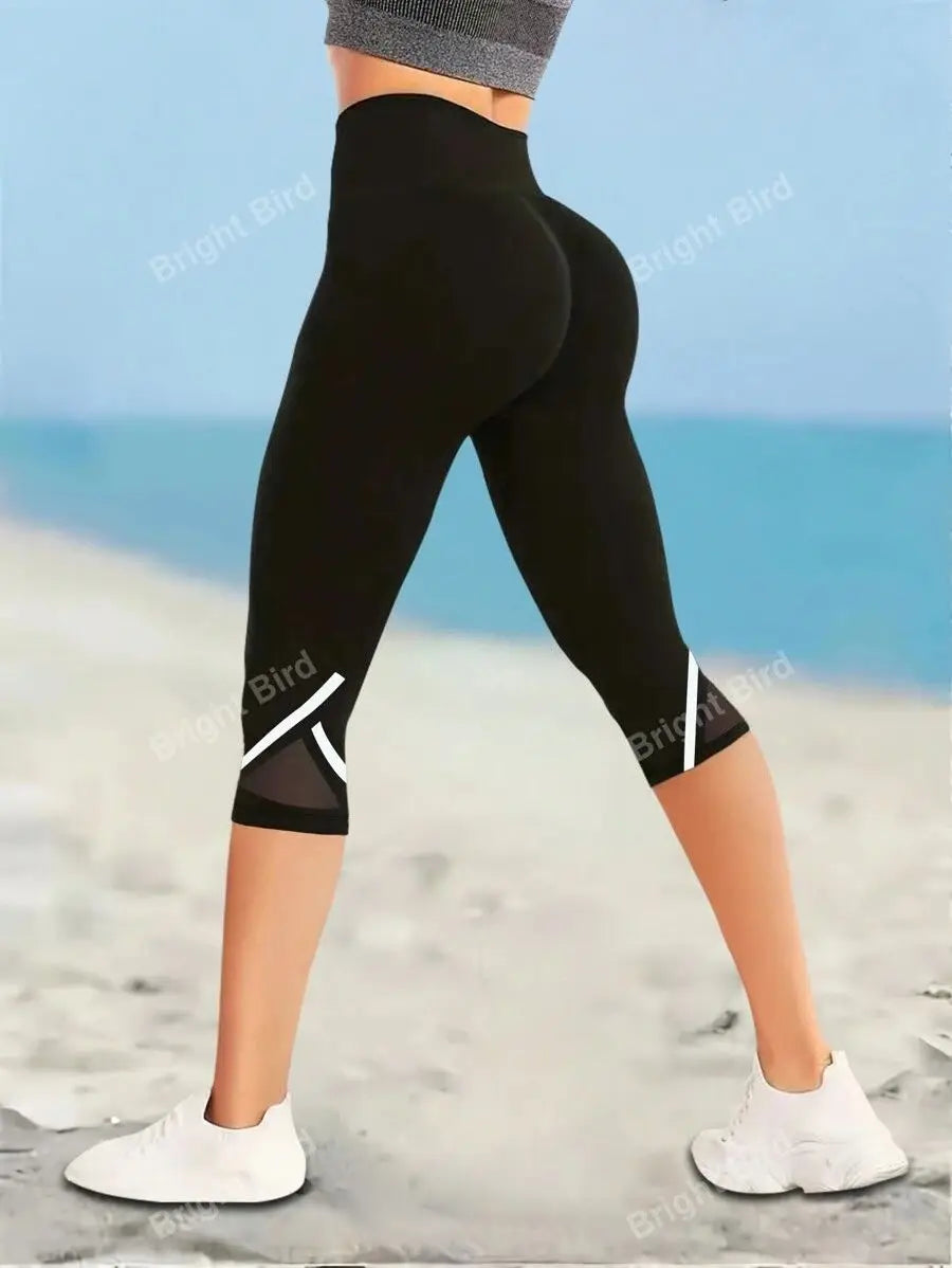 Mesh High Waisted Yoga Capris Tummy Control Workout Leggings