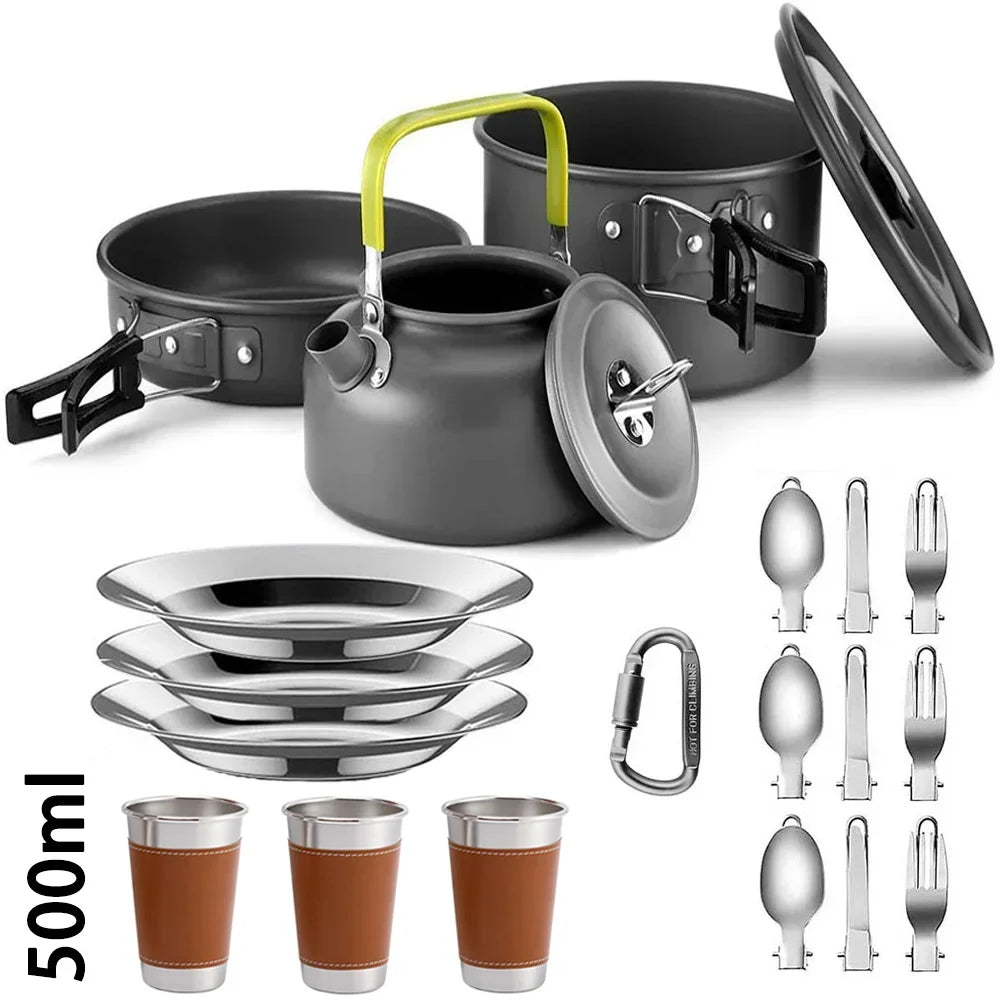 Complete Camping Kitchen Cookware Tableware & Teapot for 2-3