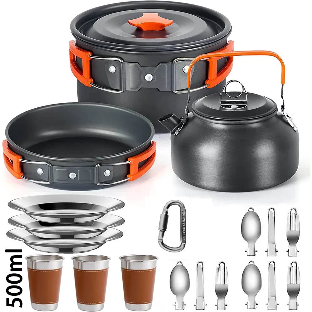 Complete Camping Kitchen Cookware Tableware & Teapot for 2-3