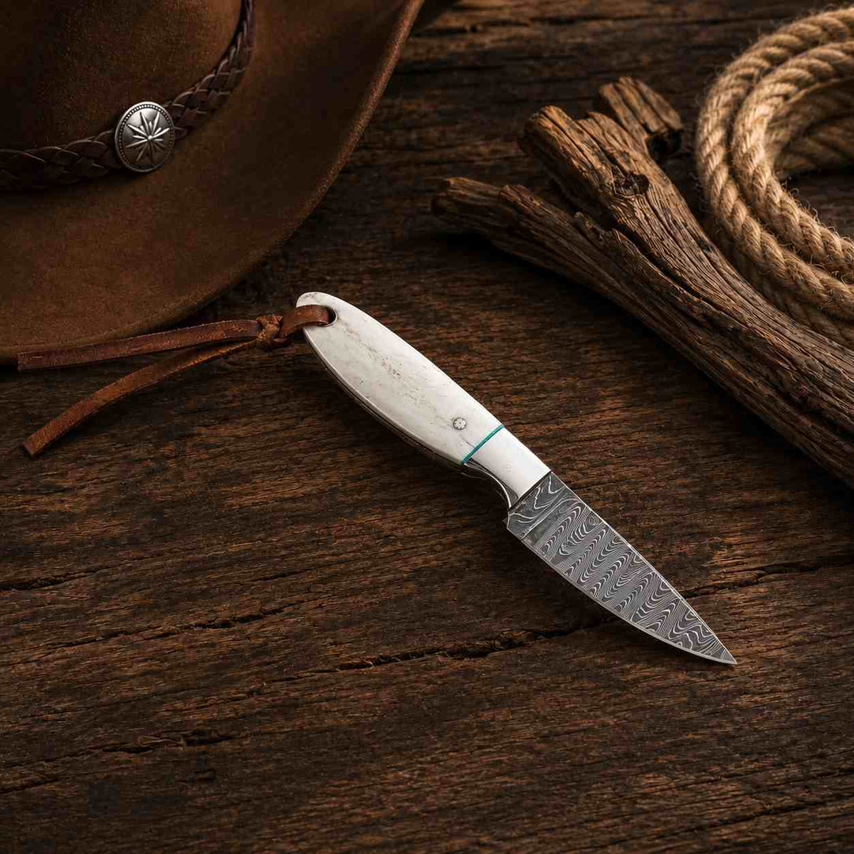 Buckaroo Damascus Steel Knife – Western Fixed Blade with Camel Bone Handle