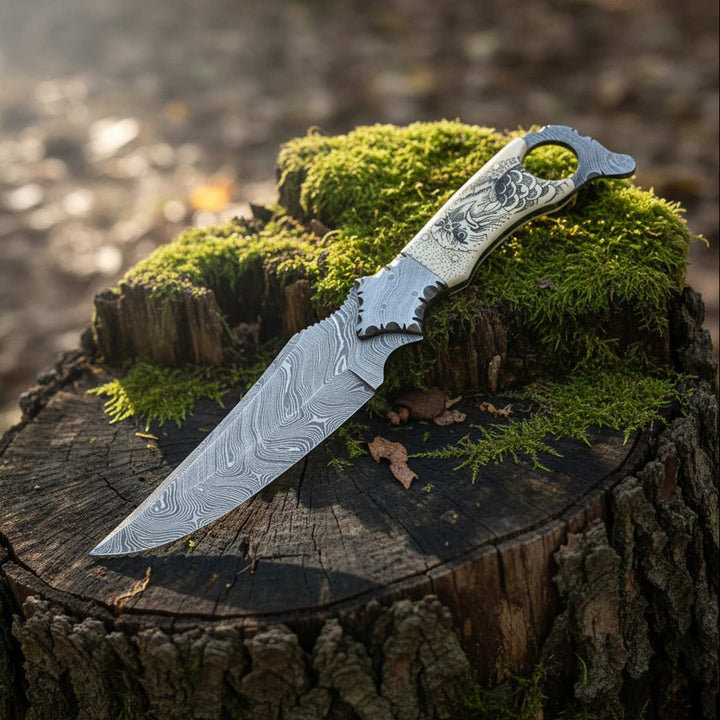 Biker Ringtail Knife Damascus Camel Bone EDC