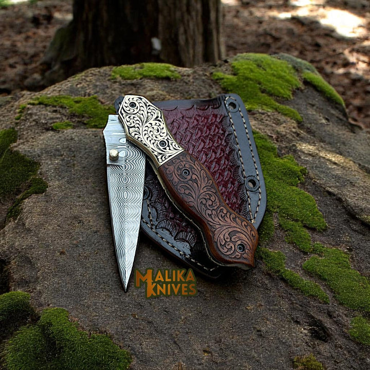 Hand-Engraved Damascus Steel Folding Knife – Custom EDC with Engraved Wood Handle-8010