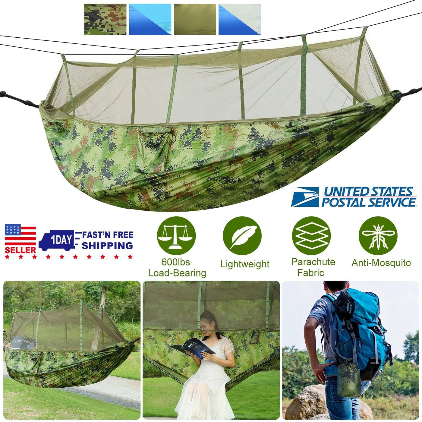 600lbs Load 2 Persons Hammock w/Mosquito Net Outdoor Hiking Camping Hammock Portable Nylon Swing Hanging Bed w/ Strap Hook Carry Bag