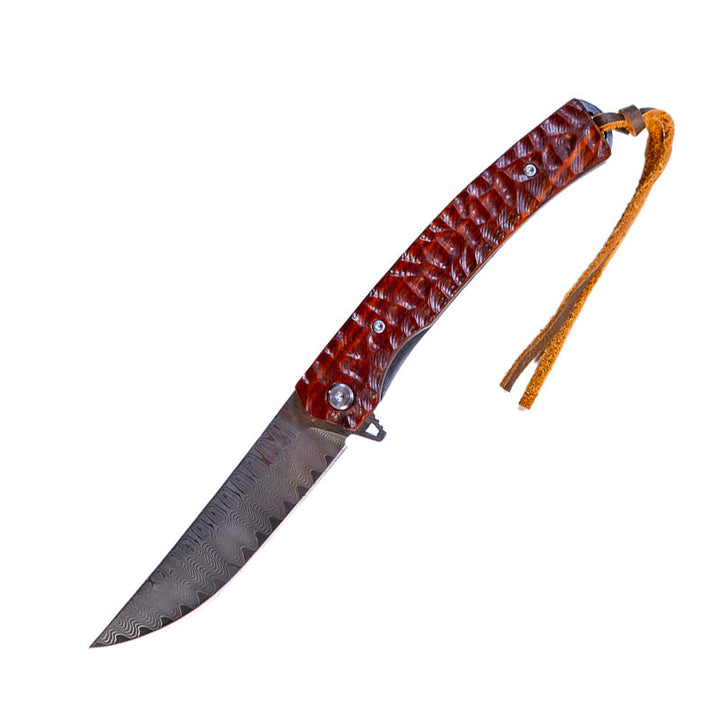 Damascus Flipper Knife Scraped Wood Handle Liner Lock 3.75" Blade 8.2" EDC