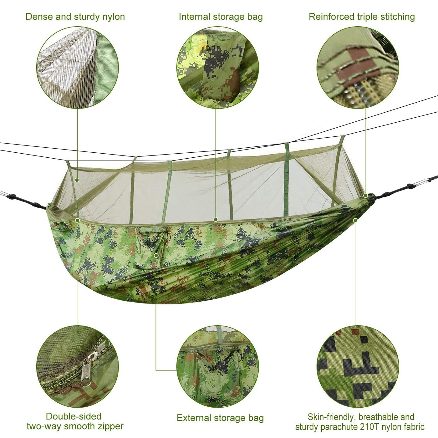 600lbs Load 2 Persons Hammock w/Mosquito Net Outdoor Hiking Camping Hammock Portable Nylon Swing Hanging Bed w/ Strap Hook Carry Bag