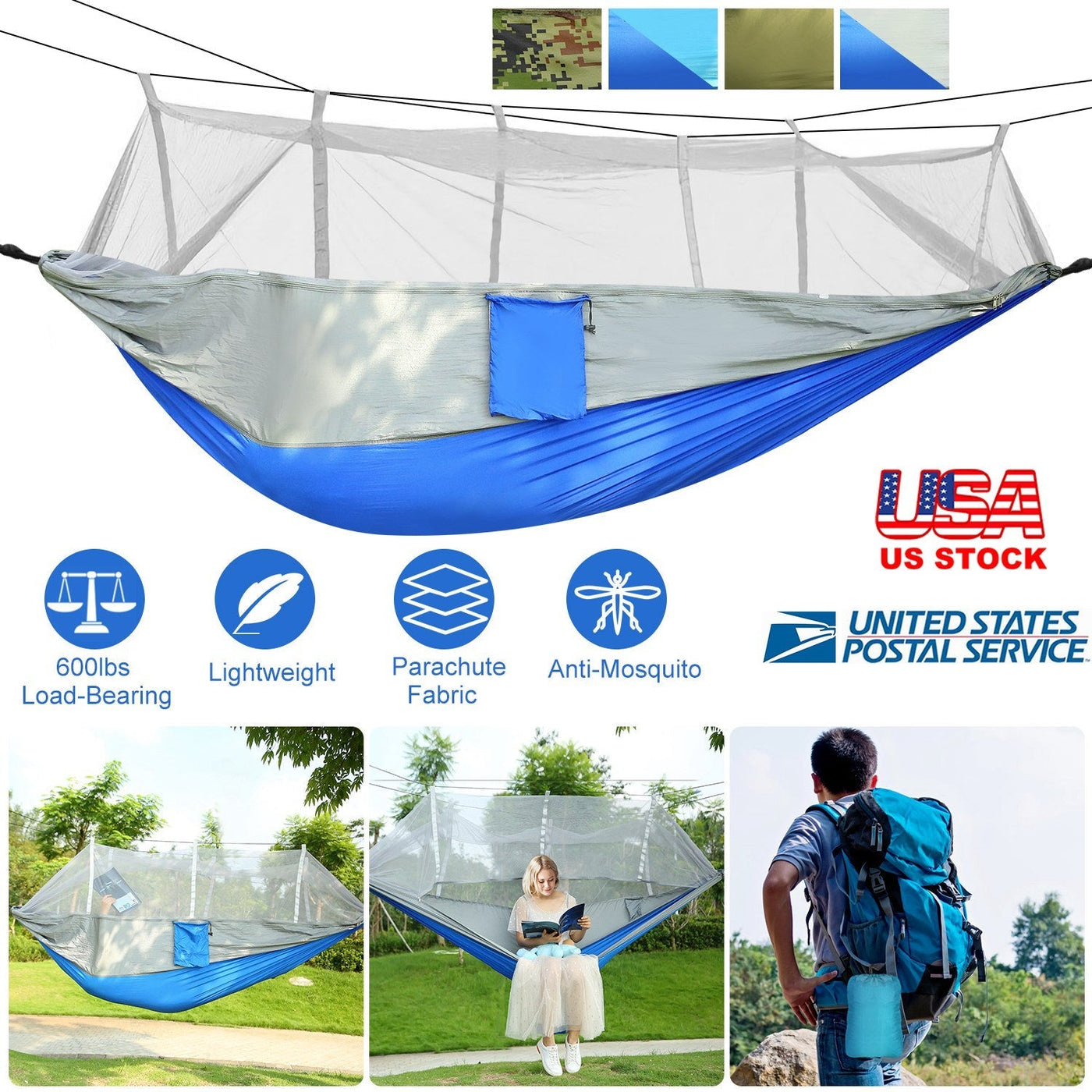 600lbs Load 2 Persons Hammock w/Mosquito Net Outdoor Hiking Camping Hammock Portable Nylon Swing Hanging Bed w/ Strap Hook Carry Bag